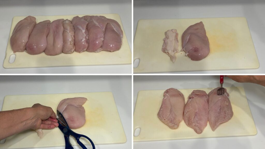 むね肉の皮を取り、余分な脂をハサミで切り、フォークで穴を開ける下処理の工程