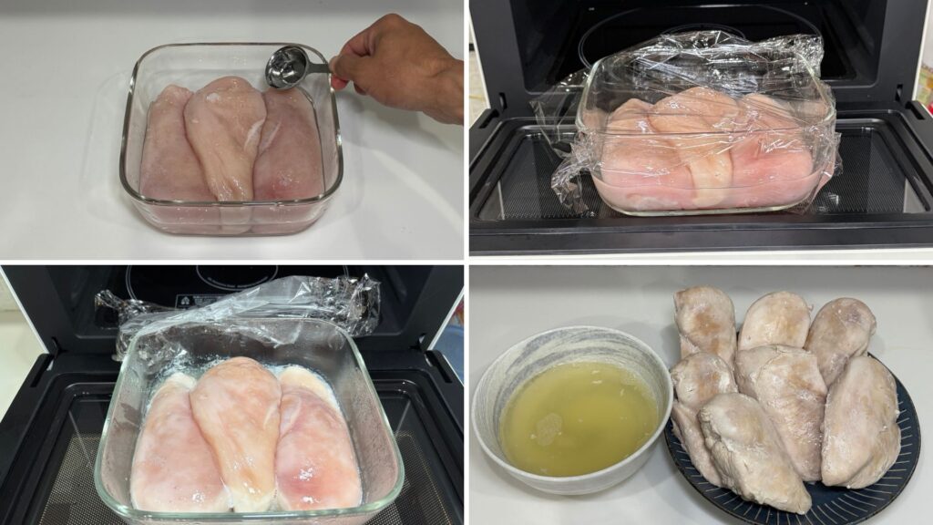 耐熱容器に酒を入れてラップをふんわりかけ、レンジで3分30秒加熱した後のむね肉と肉汁の様子