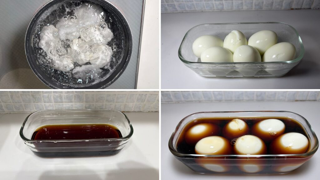 卵を茹でて殻をむき、漬けダレを作って漬け込むまでの味玉の仕込み工程