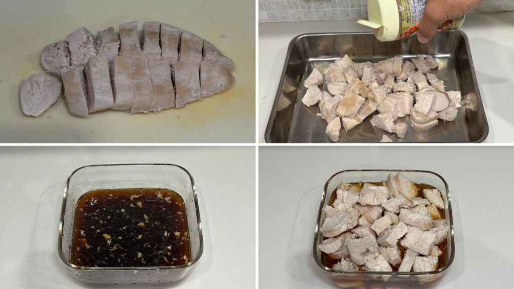 加熱したむね肉をカットし、塩こしょう味とタレ味に分けて漬け込む工程